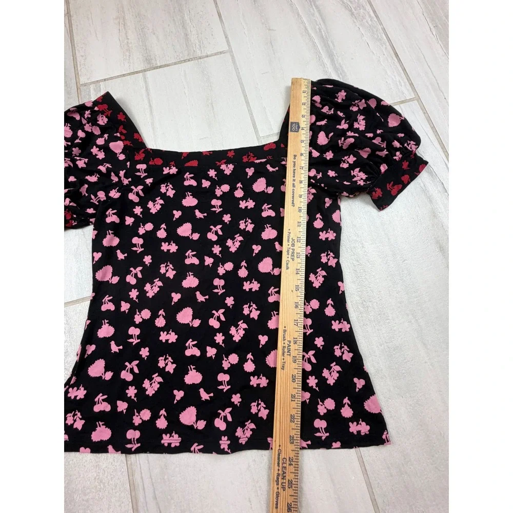 Boden T1006 Black Pink Cherry Floral Puff Sleeve Square Neck Top US 8 UK 12